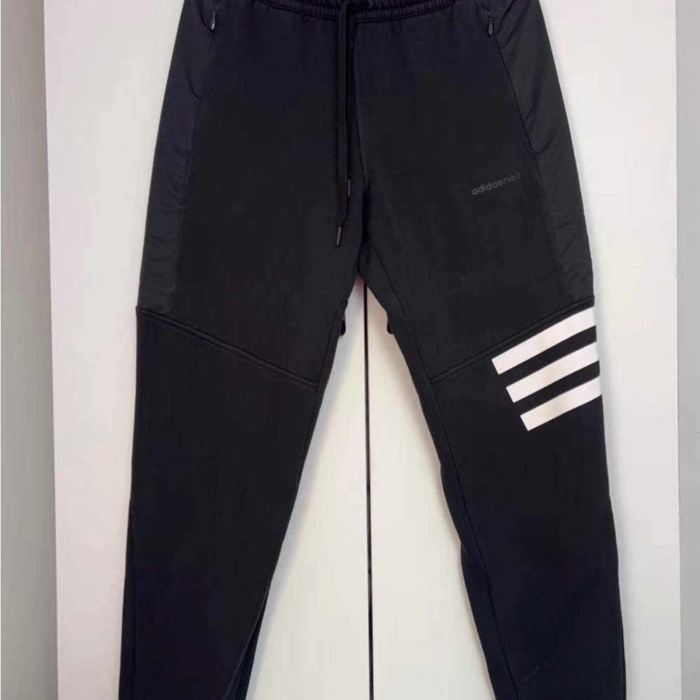 Adidas Men's Black Joggers with White Stripes
